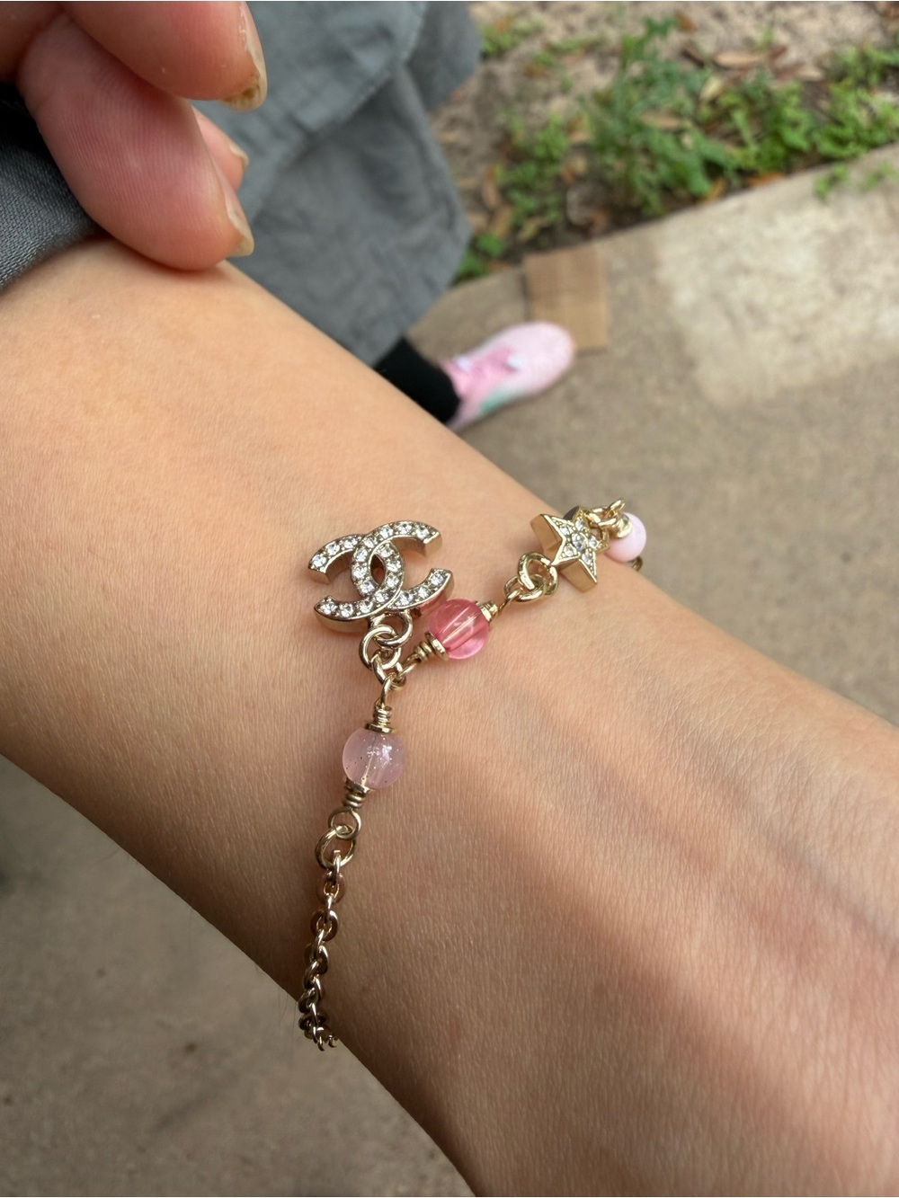 Luxury Pink Crystal CC Charm Bracelet - Gold Tone